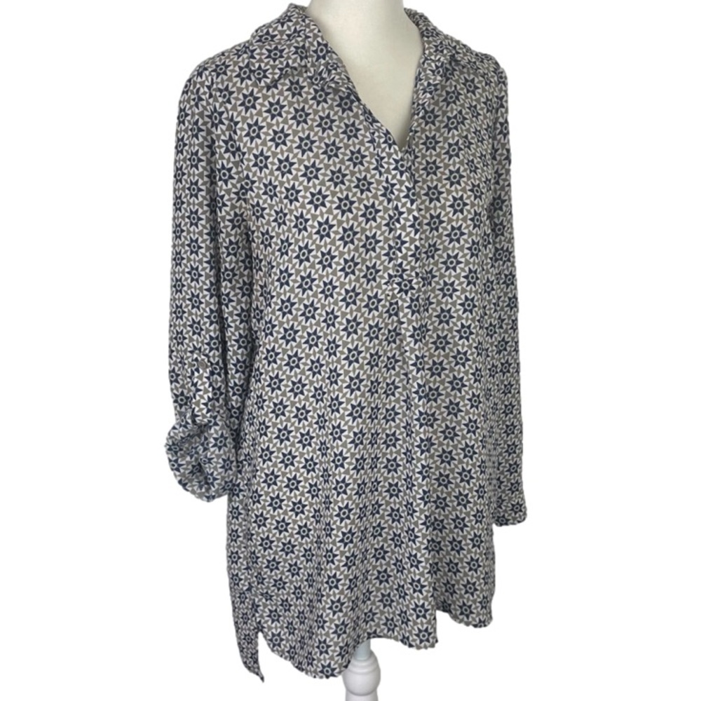 Prana Geometric Star Tunic Top Pullover Size Small White Gray Blue